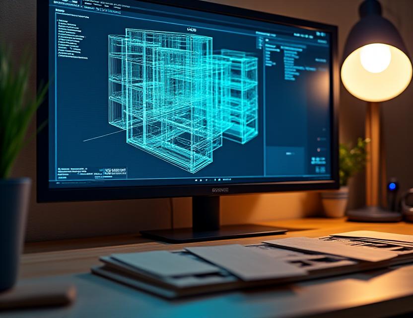 3D blueprint and conceptual rendering of custom cabinetry