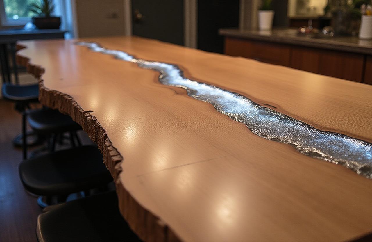 Live edge oak table with integrated cyan fiber optic lighting