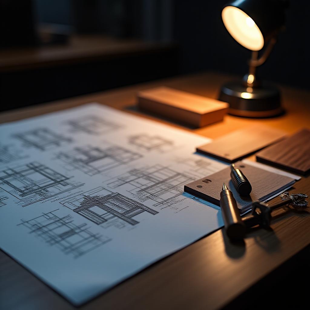 Architectural blueprint and bespoke furniture sketches