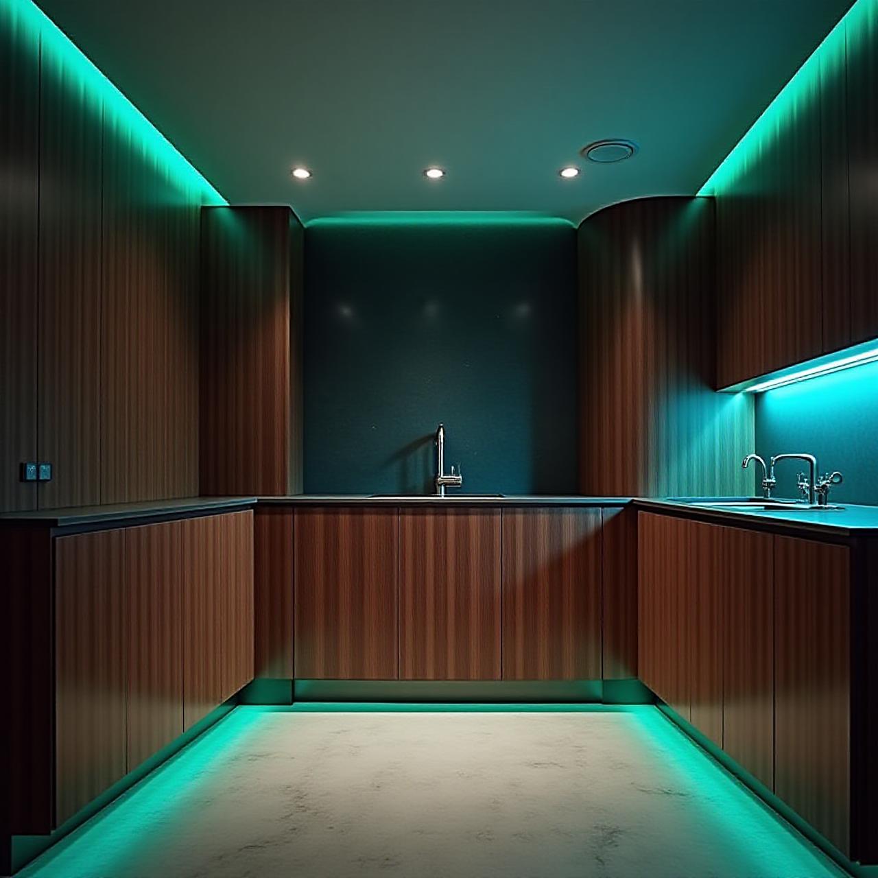 Architectural cabinetry installation with dramatic mood lighting